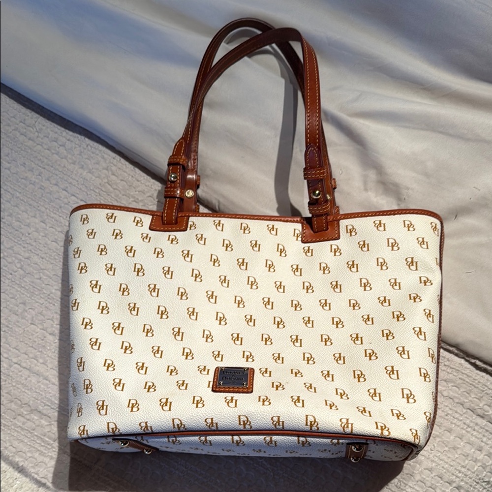 Dooney & Bourke Cream and Brown Tote with Monogram Pattern